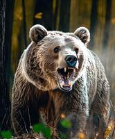 Bear roaring in dense forest during autumn photo