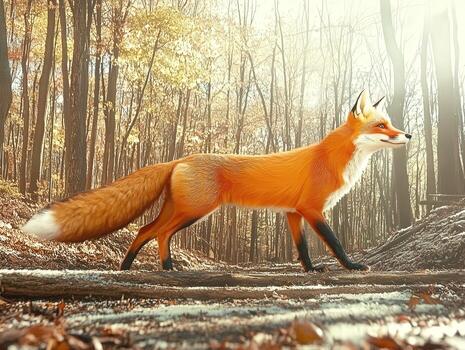 Fox walking gracefully through a sunlit forest path in autumn photo