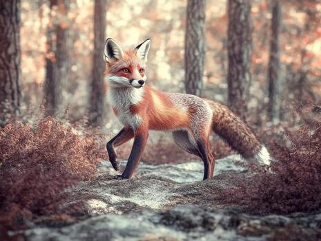 Red fox walks through autumn forest with colorful foliage photo