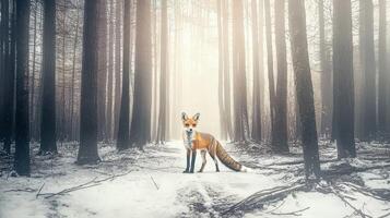 Fox standing in snowy forest during winter morning haze photo