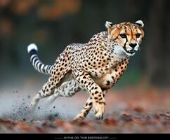 Cheetah sprinting across the savanna in autumn foliage photo