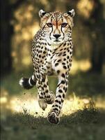 Cheetah running swiftly through a lush green forest setting photo