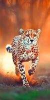 Cheetah sprinting through a vibrant landscape at sunset photo