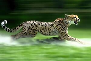 Cheetah sprinting through lush green grass in the wild photo