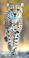 Cheetah runs in the wild during a golden sunset glow photo