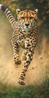 Cheetah running swiftly through tall grass in the wild photo