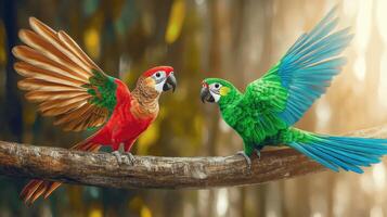 Colorful parrots perched on a branch in a lush forest photo