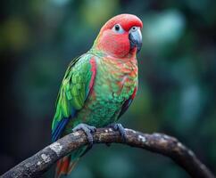 Colorful parrot perched on a branch in lush environment photo