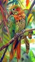 Vibrant parrot perched on branch in lush tropical foliage photo