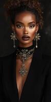 Elegant model showcasing intricate jewelry with dramatic flair photo