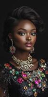 Elegant model showcasing intricate jewelry and vibrant attire photo