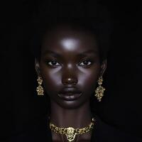 Elegant portrait of a woman with striking jewelry on dark background photo