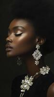 Elegant portrait of a woman showcasing exquisite jewelry details photo