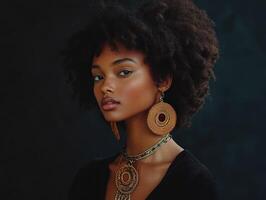 Elegant model showcasing intricate golden jewelry designs photo