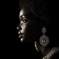 Elegant profile of a woman showcasing stunning jewelry and beauty photo