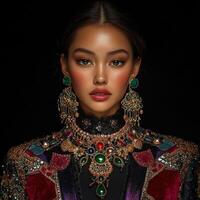 Model adorned in elaborate jewelry showcasing vibrant beauty photo