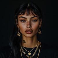 Elegant woman with striking features in dark setting photo