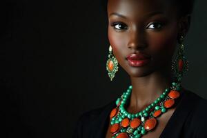 Elegant woman adorned with vibrant jewelry in portrait setting photo