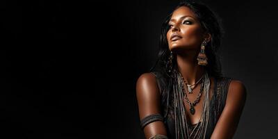 Elegant model showcases intricate jewelry in dramatic lighting photo