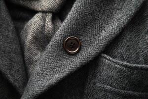 A button on a gray suit jacket photo