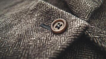 Button detail on a textured brown fabric in close-up shot photo