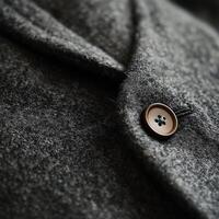 A button on a gray jacket with a brown button photo