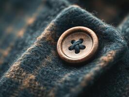 Close-up view of a classic wooden button on woven fabric photo