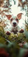 Dog jumps joyfully in a green field under natural light photo