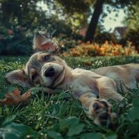 Cute puppy enjoys a sunny day lying on the grass in the garden photo