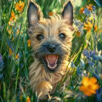 Happy small dog playing in vibrant wildflower meadow photo