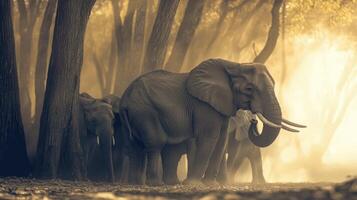 Majestic elephants walk through a misty forest at dawn photo