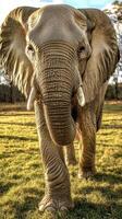 Majestic elephant roaming on grassy landscape at sunset photo