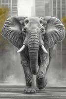 Elephant walking through a cityscape during a foggy day photo