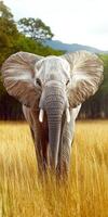 An elephant is walking through a field of tall grass photo