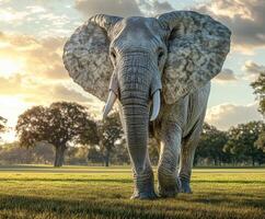 Elephant walking through a savanna at sunset photo