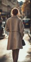 Woman walks down street wearing boucle fabric coat during golden hour photo