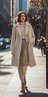 Stylish woman walks confidently in boucle fabric coat on city street photo