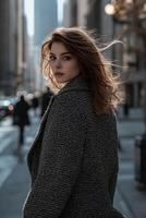 Woman in boucle fabric coat walking through a bustling city street photo
