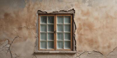 A window in a wall with a crack in it photo