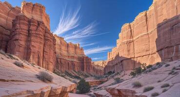 A canyon in the desert with a river running through it photo