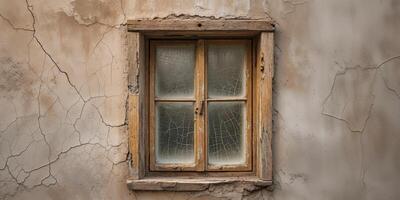 A window with a broken frame and peeling paint photo