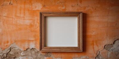 An empty frame on a wall with peeling paint photo