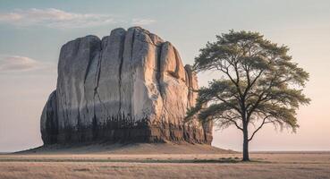 A tree stands alone in front of a large rock formation photo