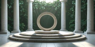 An empty circular room with pillars and a circular stone photo