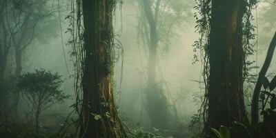 A forest with trees and plants in the fog photo