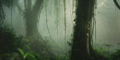 A misty forest with trees and vines photo