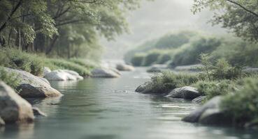 A river running through a forest with rocks and grass photo