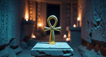 An egyptian golden ankh is on display in a dark room photo