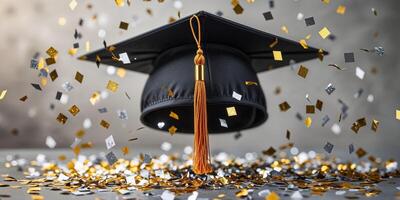 A playful capture of gold and silver confetti settling on a graduation cap with tassel visible photo