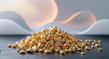 Pile of Gleaming Gold Nuggets on Dark Surface with Abstract Background photo